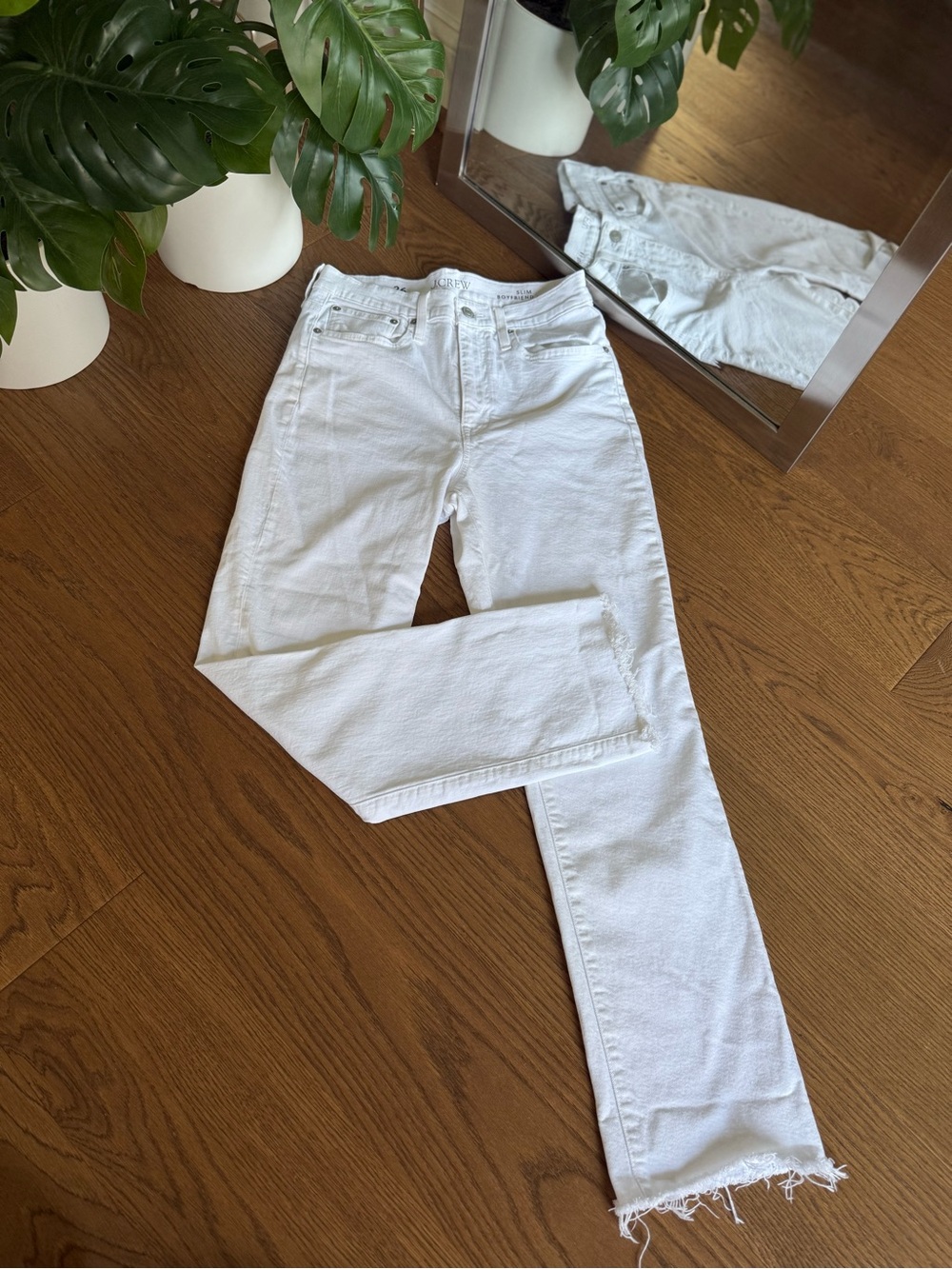 NWOT J. Crew White Mid-Rise Raw Hem Slim Boyfriend Jeans